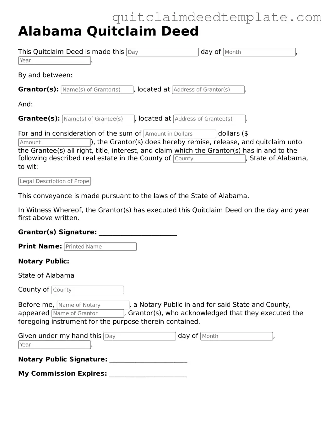 Official  Quitclaim Deed Template for Alabama