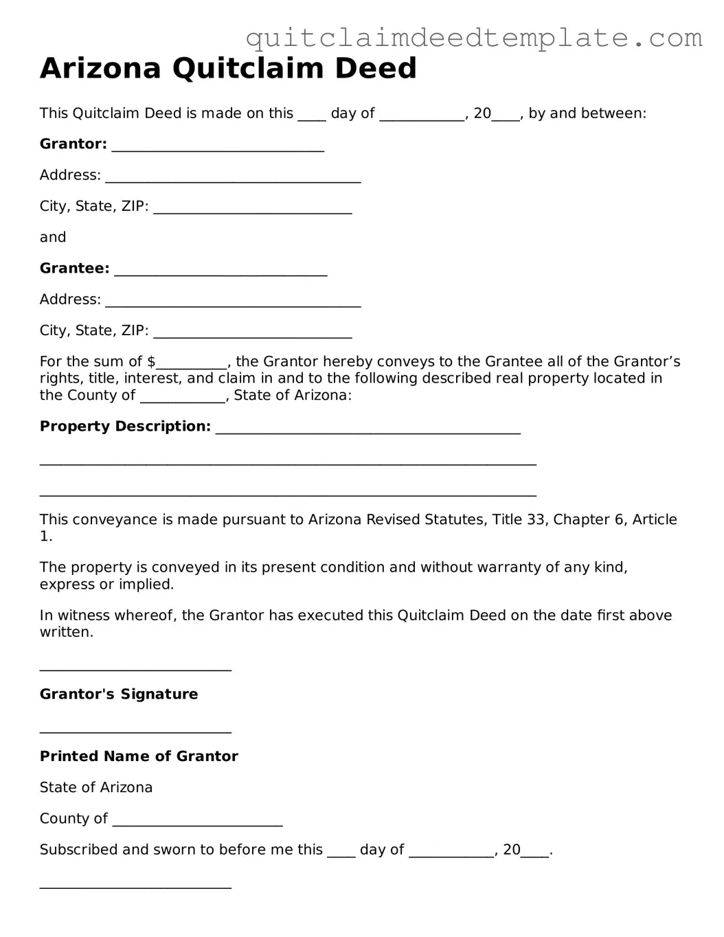 Official  Quitclaim Deed Template for Arizona