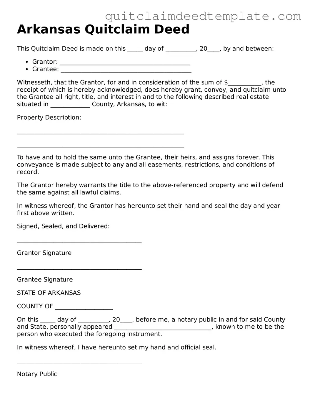 Official  Quitclaim Deed Template for Arkansas