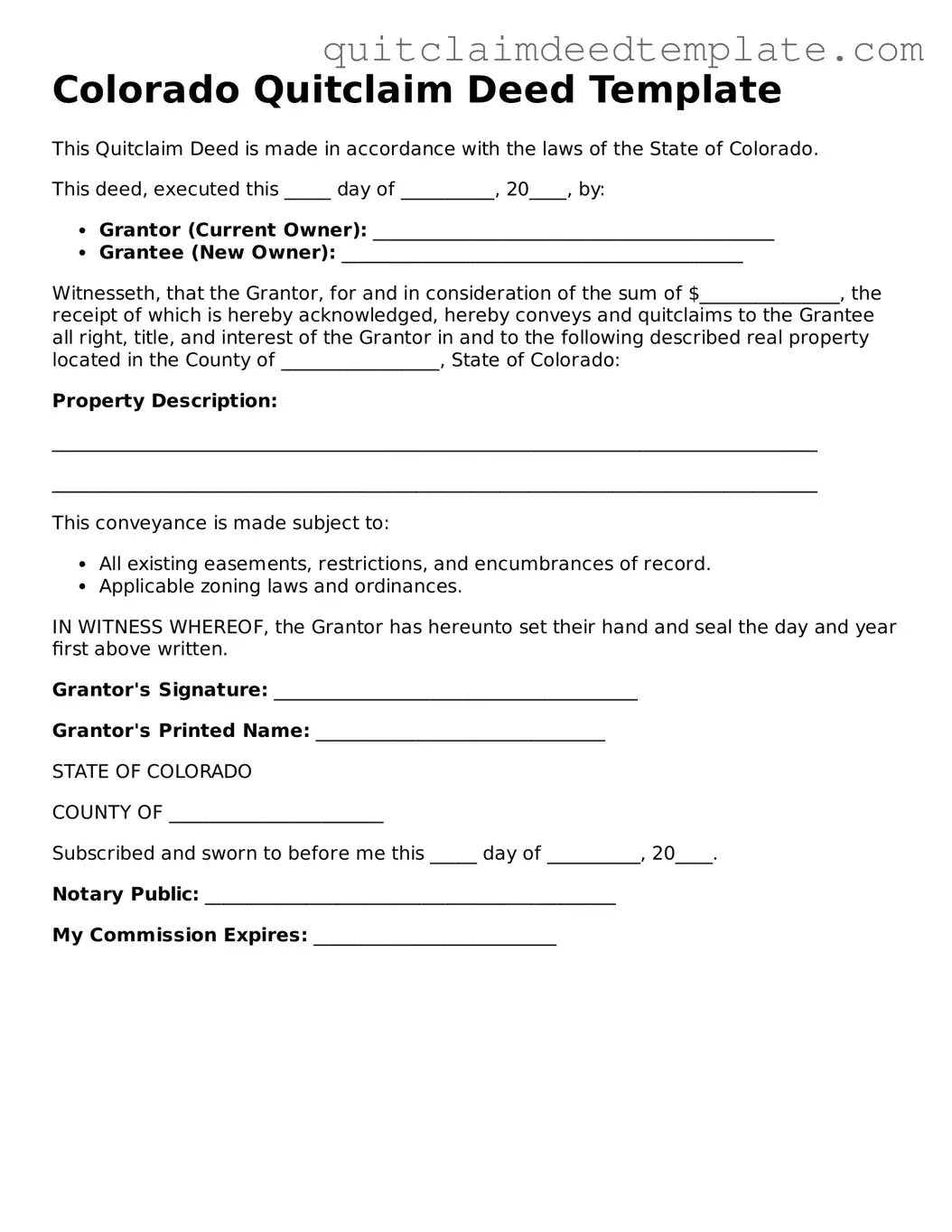 Official  Quitclaim Deed Template for Colorado
