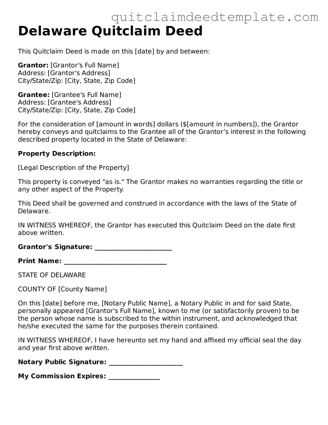Official  Quitclaim Deed Template for Delaware