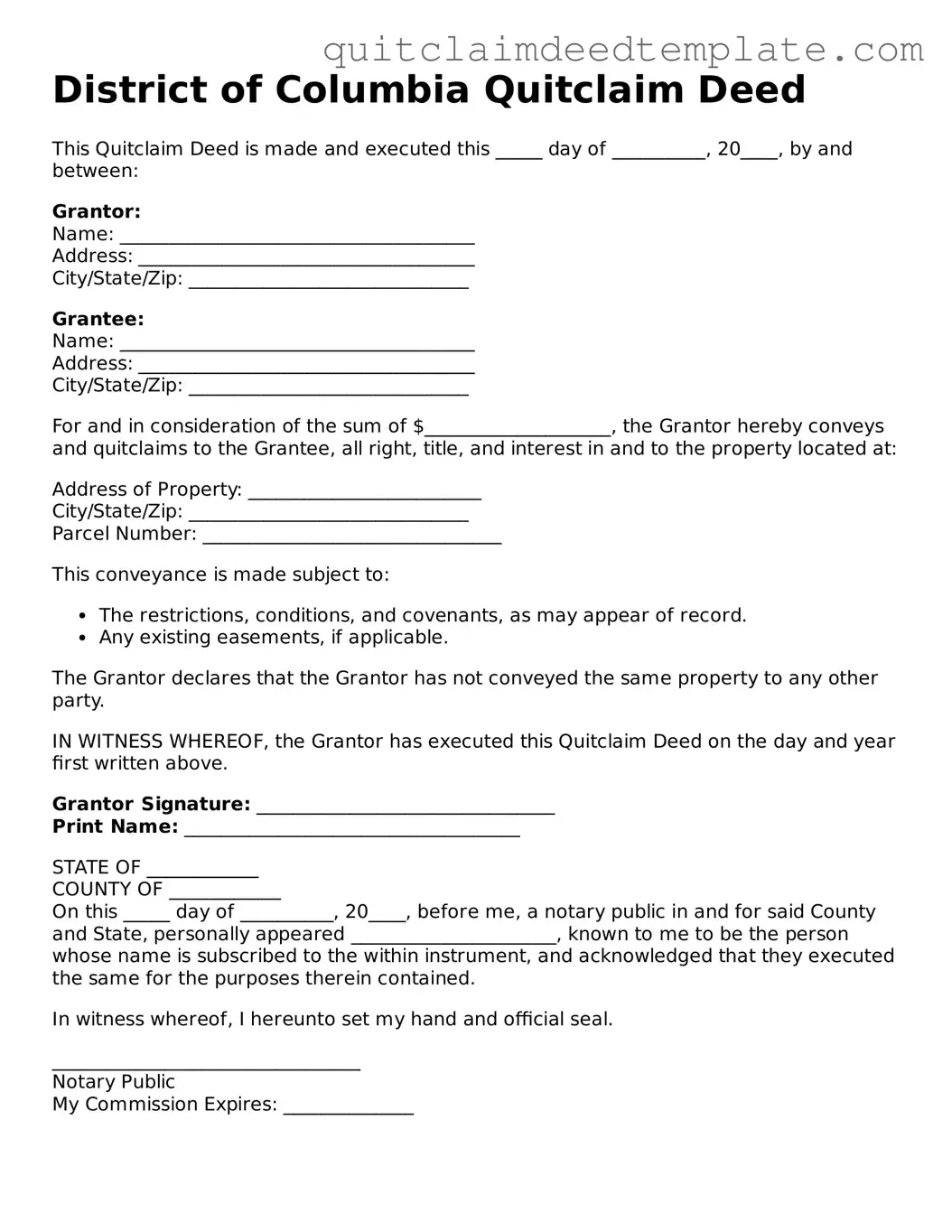 Official  Quitclaim Deed Template for District of Columbia
