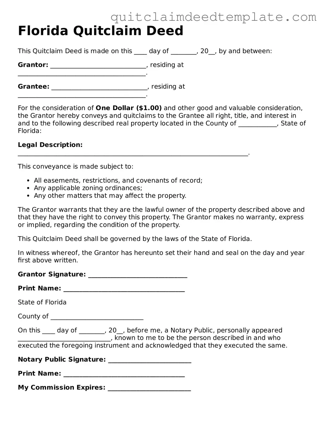 Official  Quitclaim Deed Template for Florida