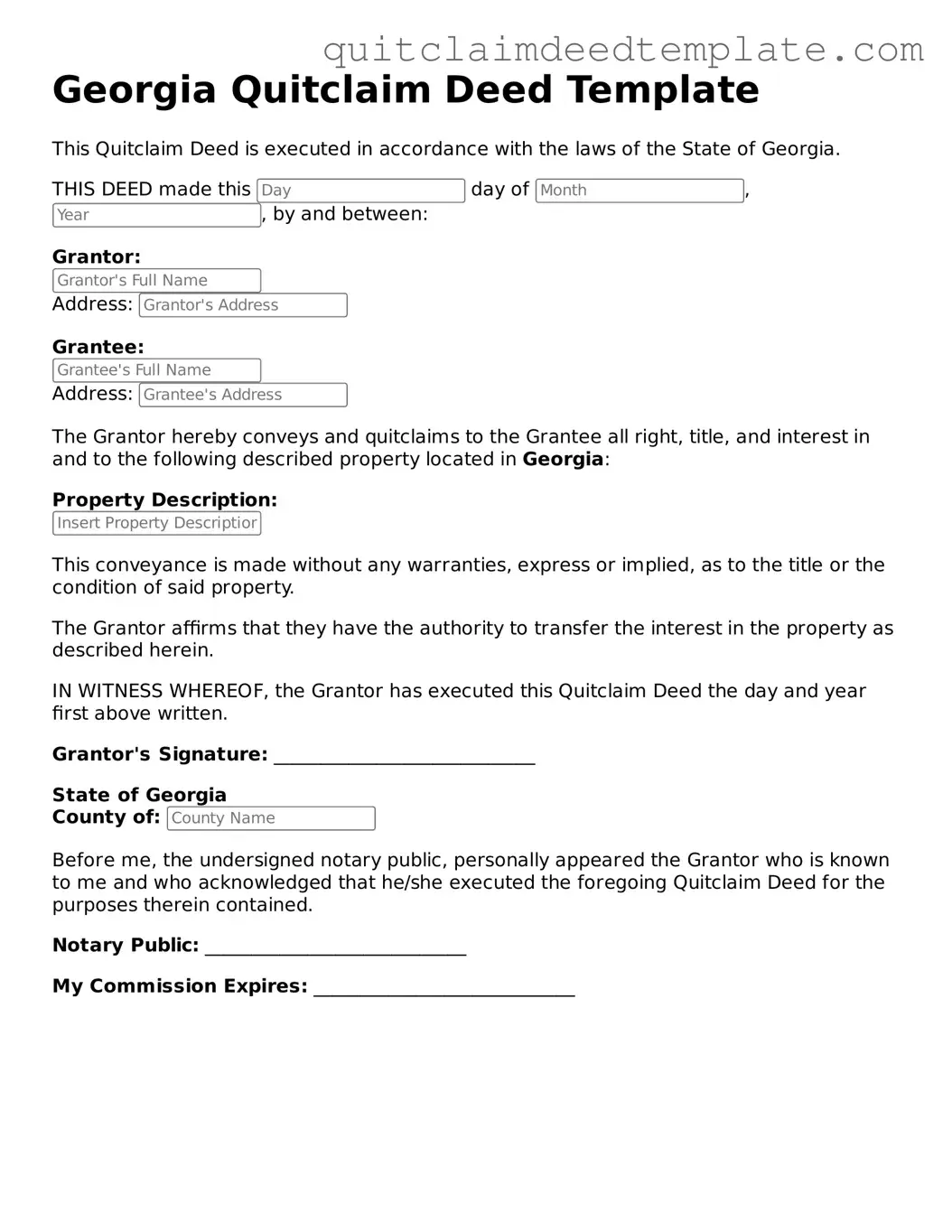 Official  Quitclaim Deed Template for Georgia