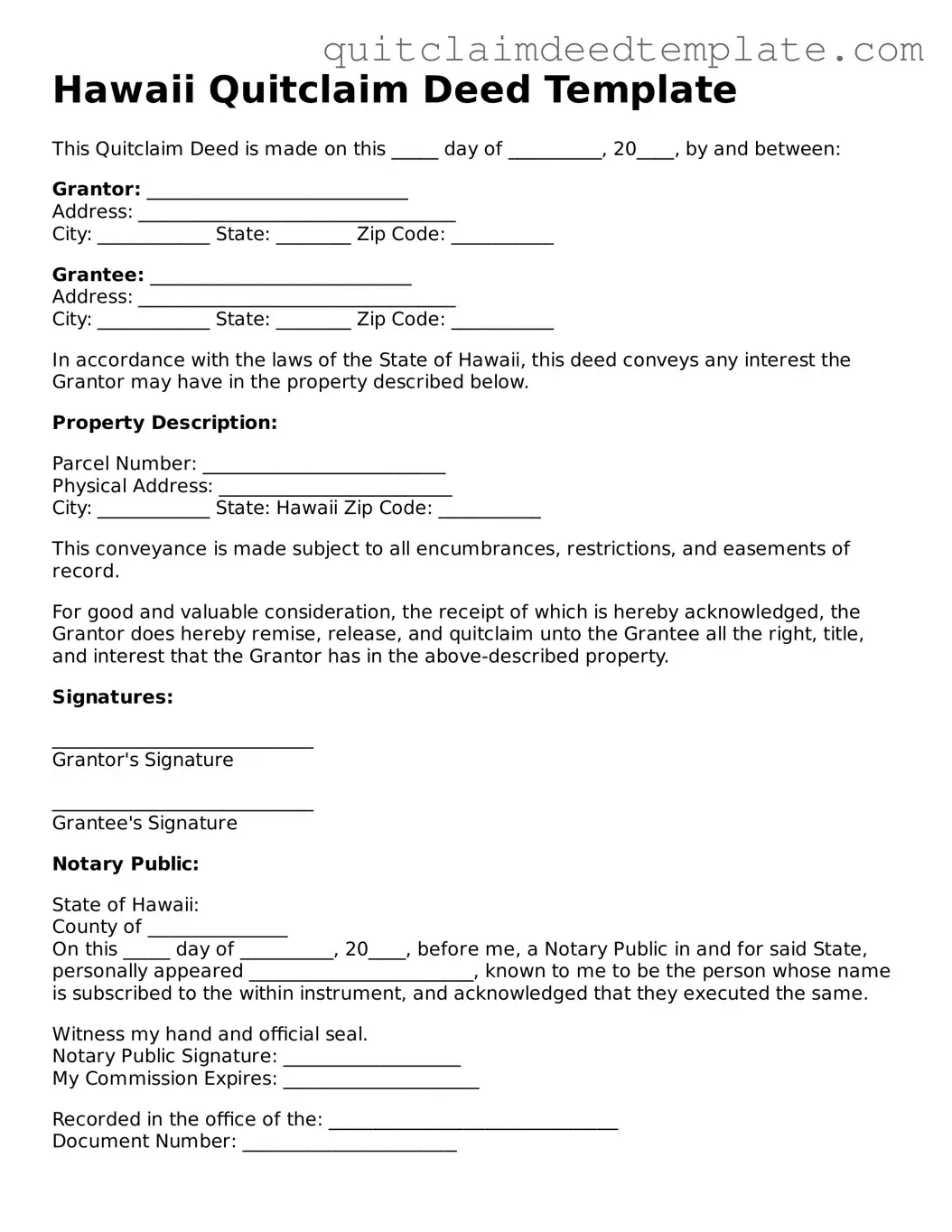 Official  Quitclaim Deed Template for Hawaii