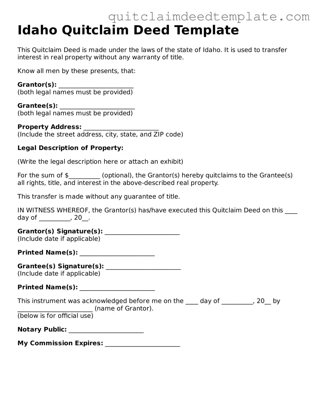 Official  Quitclaim Deed Template for Idaho