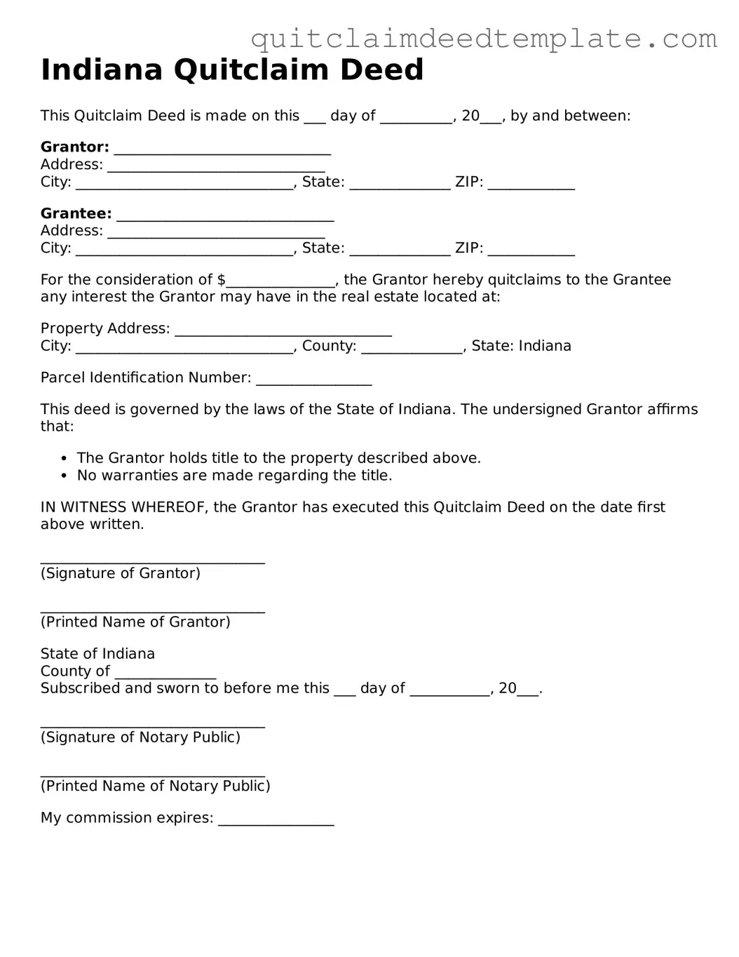 Official  Quitclaim Deed Template for Indiana