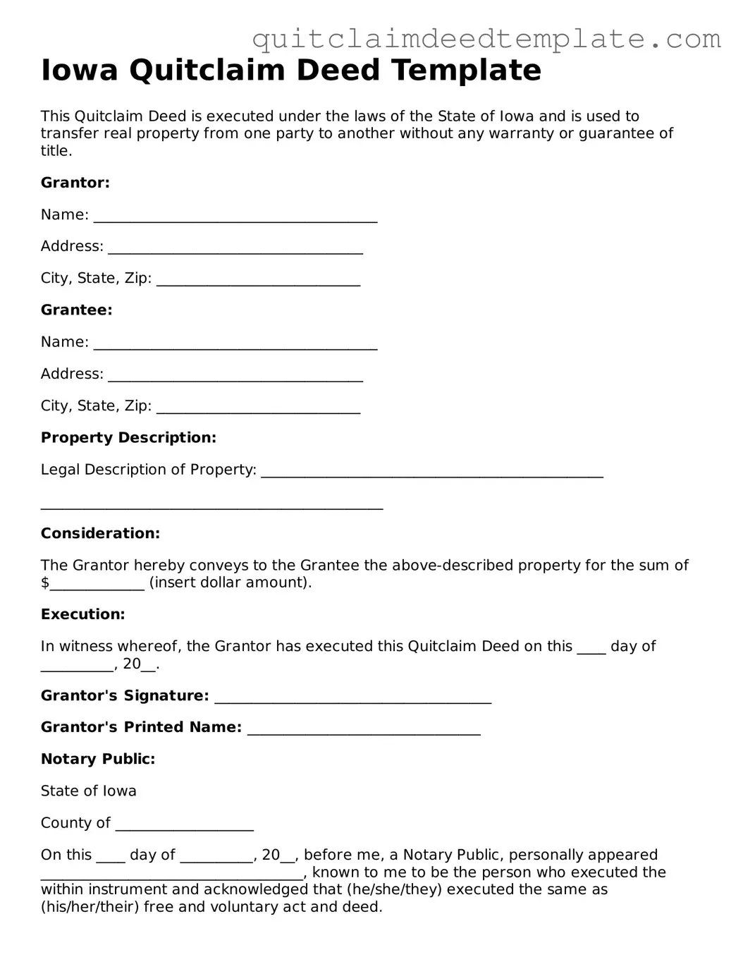 Official  Quitclaim Deed Template for Iowa
