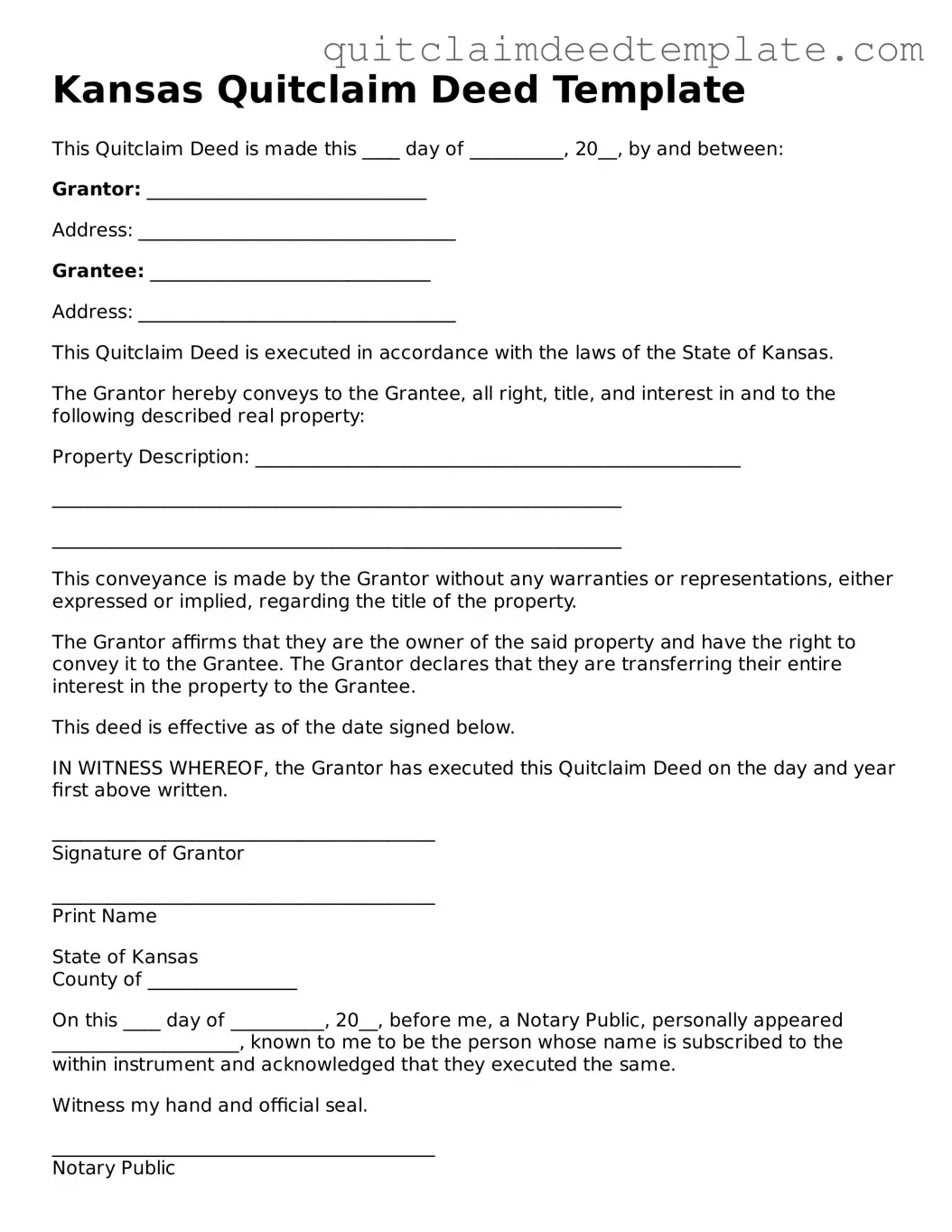 Official  Quitclaim Deed Template for Kansas