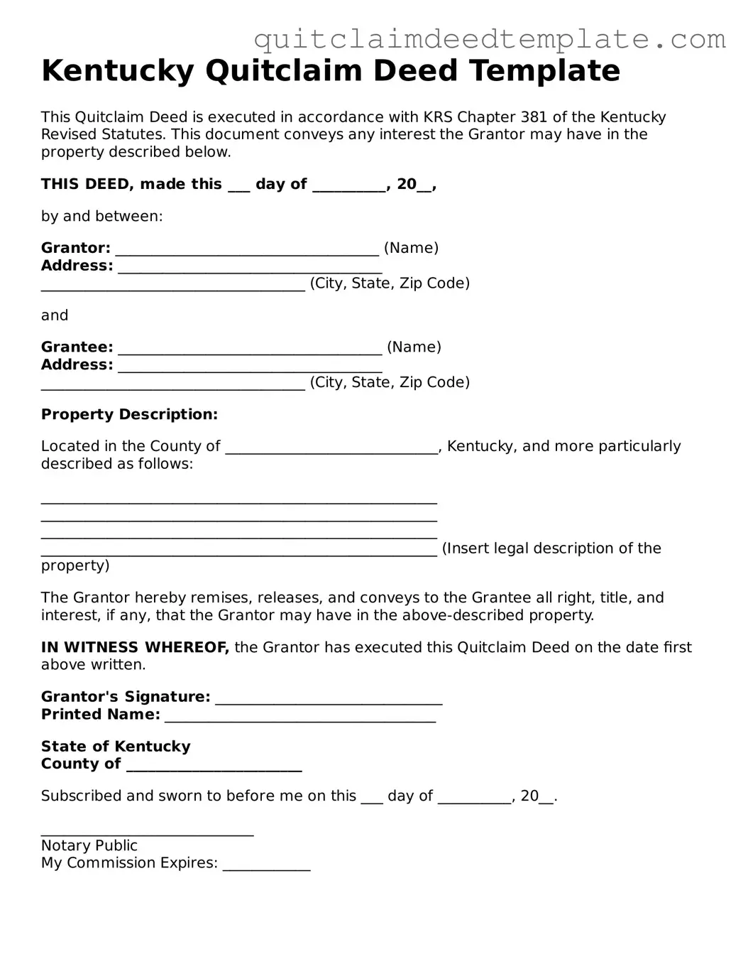 Official  Quitclaim Deed Template for Kentucky