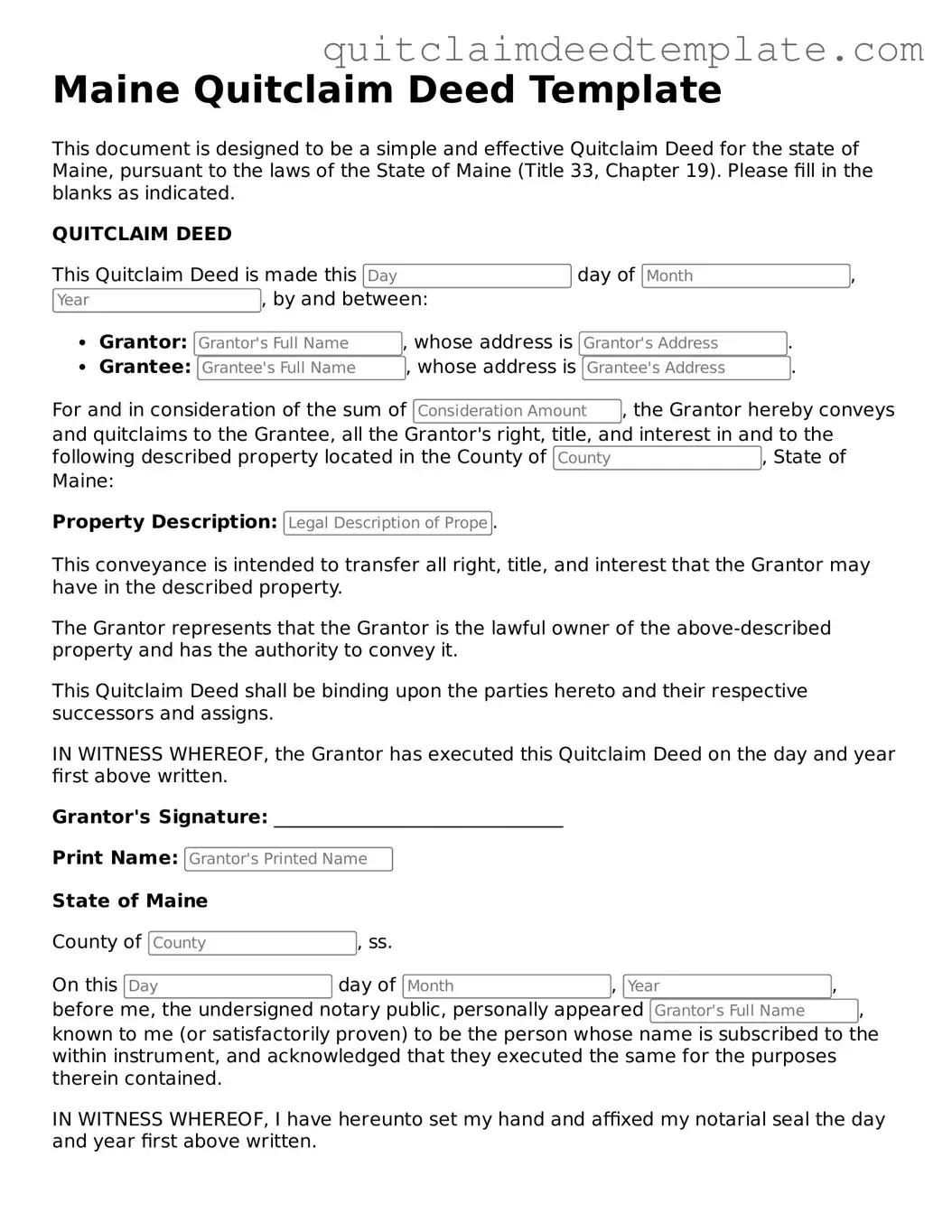 Official  Quitclaim Deed Template for Maine