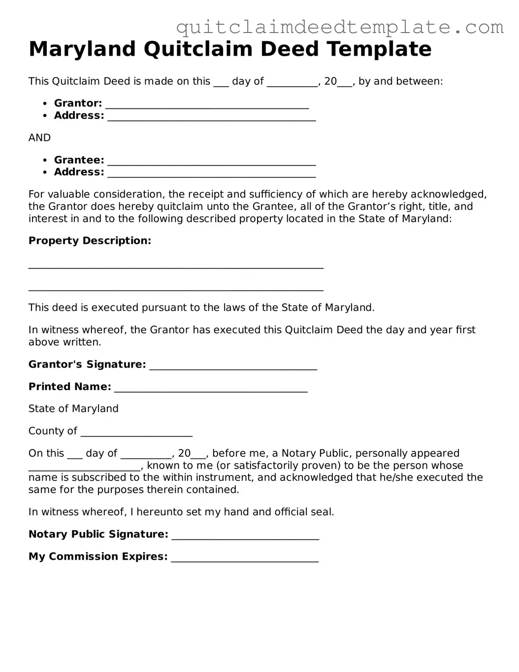 Official  Quitclaim Deed Template for Maryland
