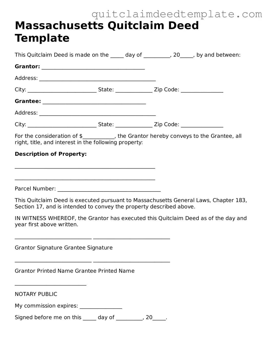 Official  Quitclaim Deed Template for Massachusetts