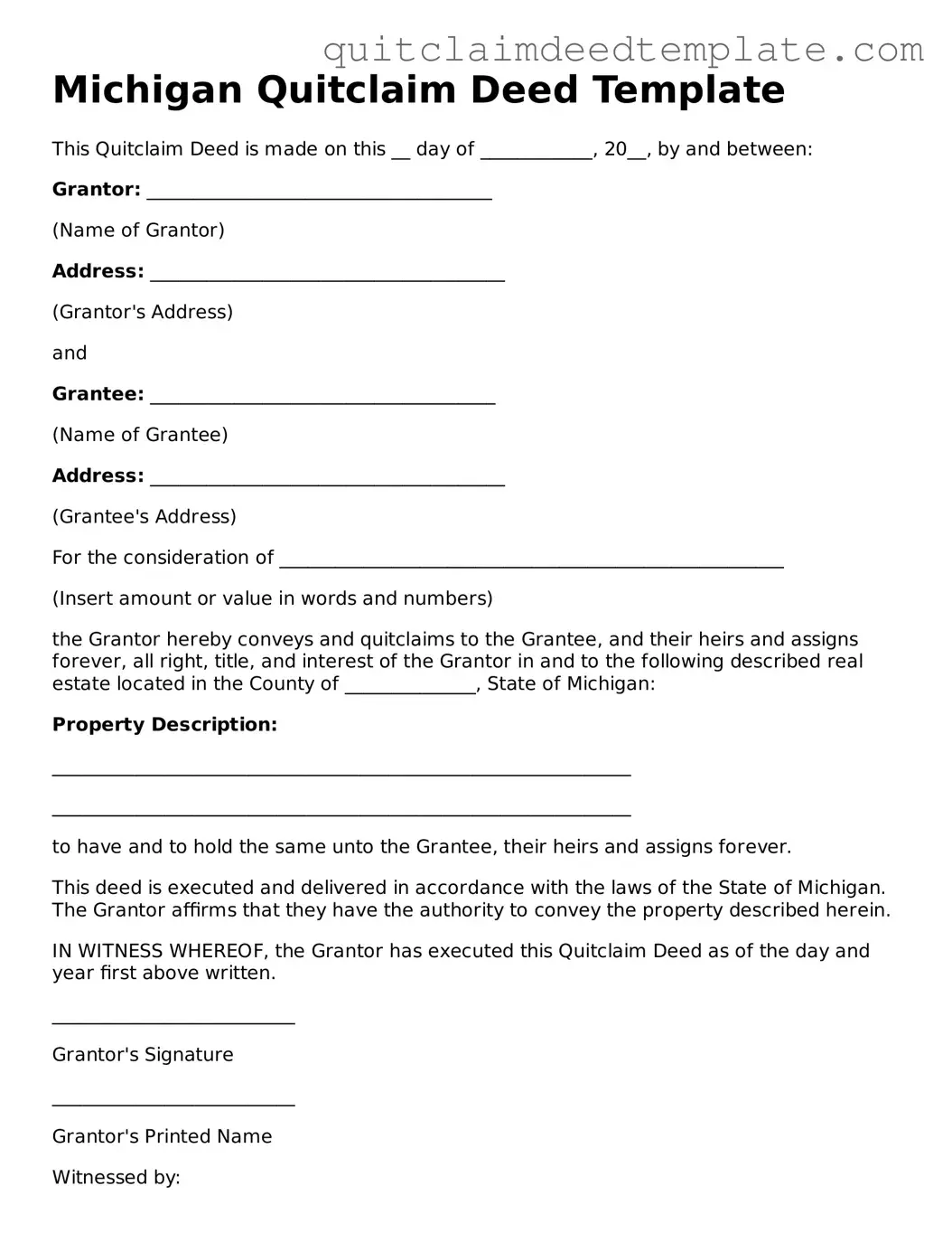 Official  Quitclaim Deed Template for Michigan