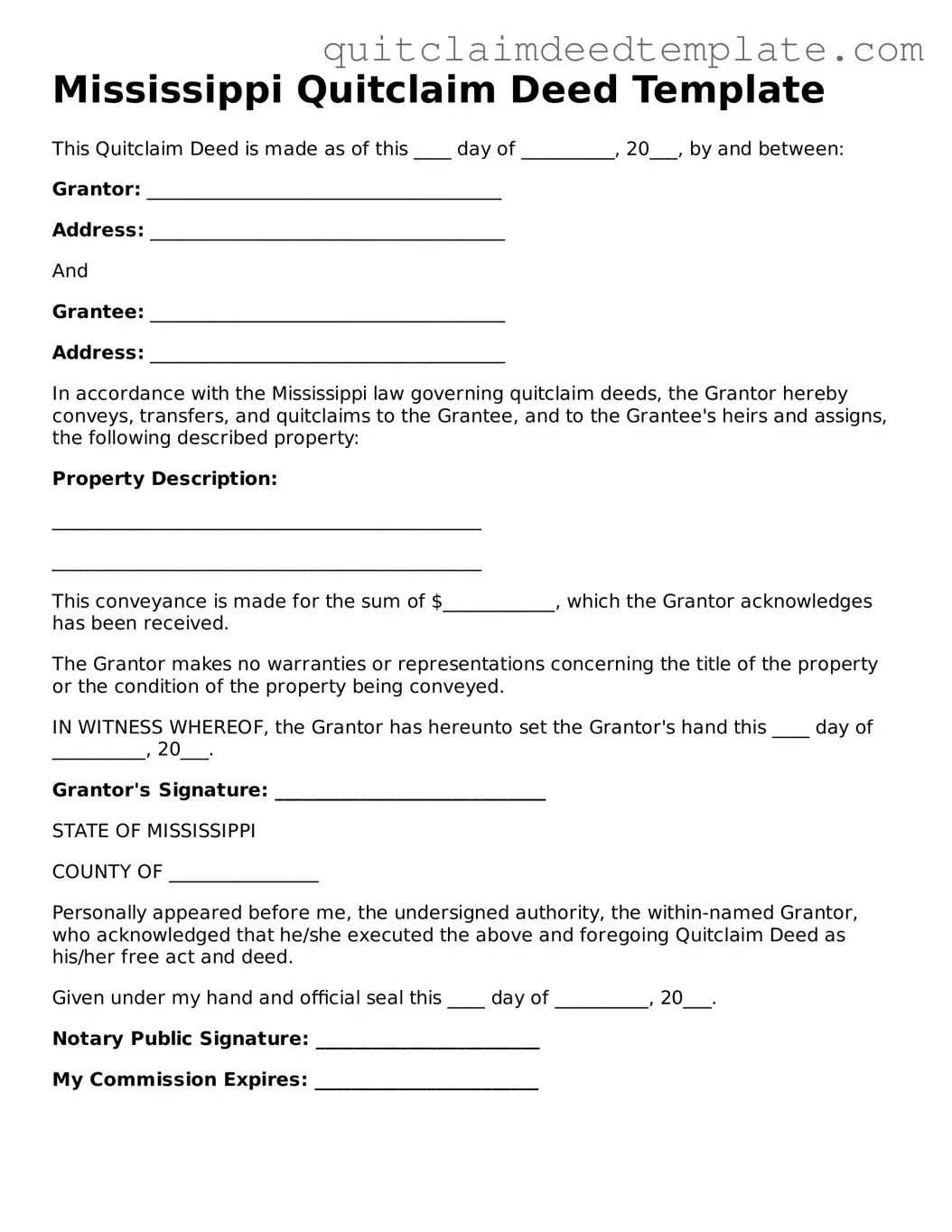 Official  Quitclaim Deed Template for Mississippi