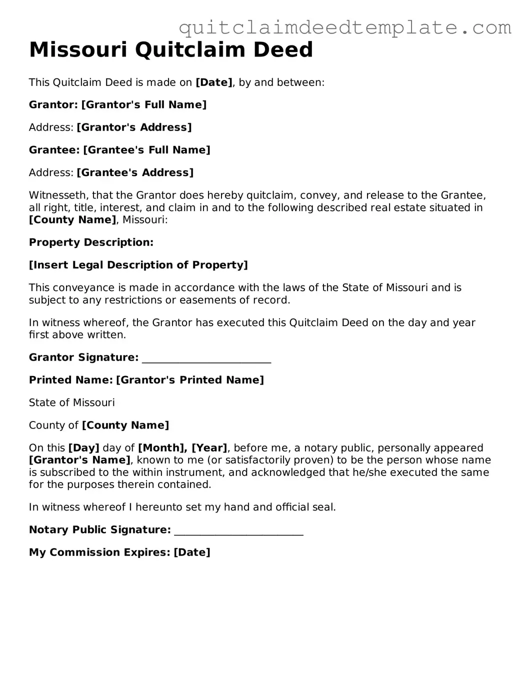 Official  Quitclaim Deed Template for Missouri