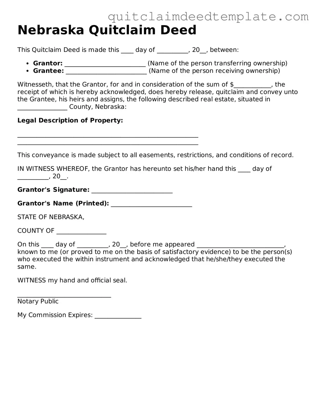 Official  Quitclaim Deed Template for Nebraska