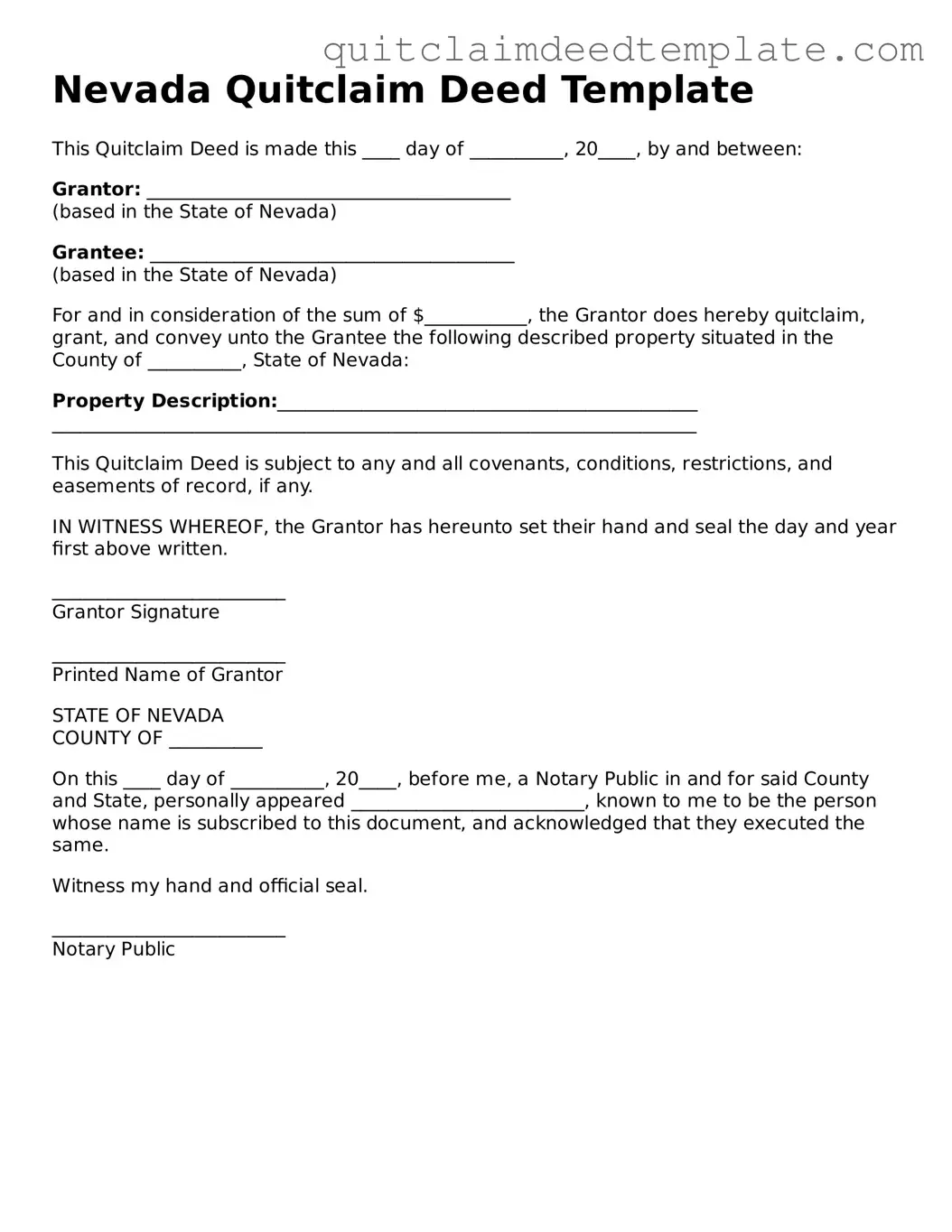 Official  Quitclaim Deed Template for Nevada