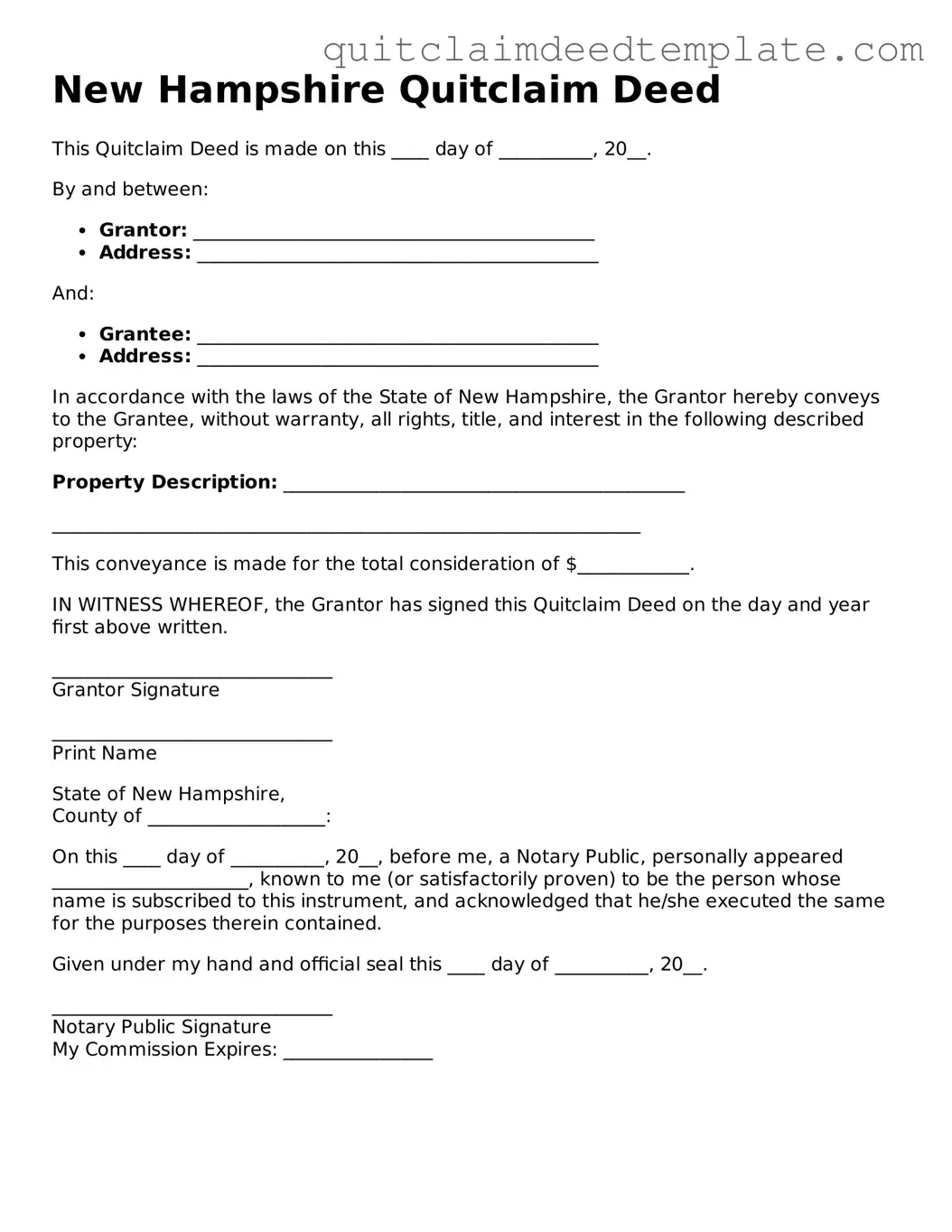 Official  Quitclaim Deed Template for New Hampshire