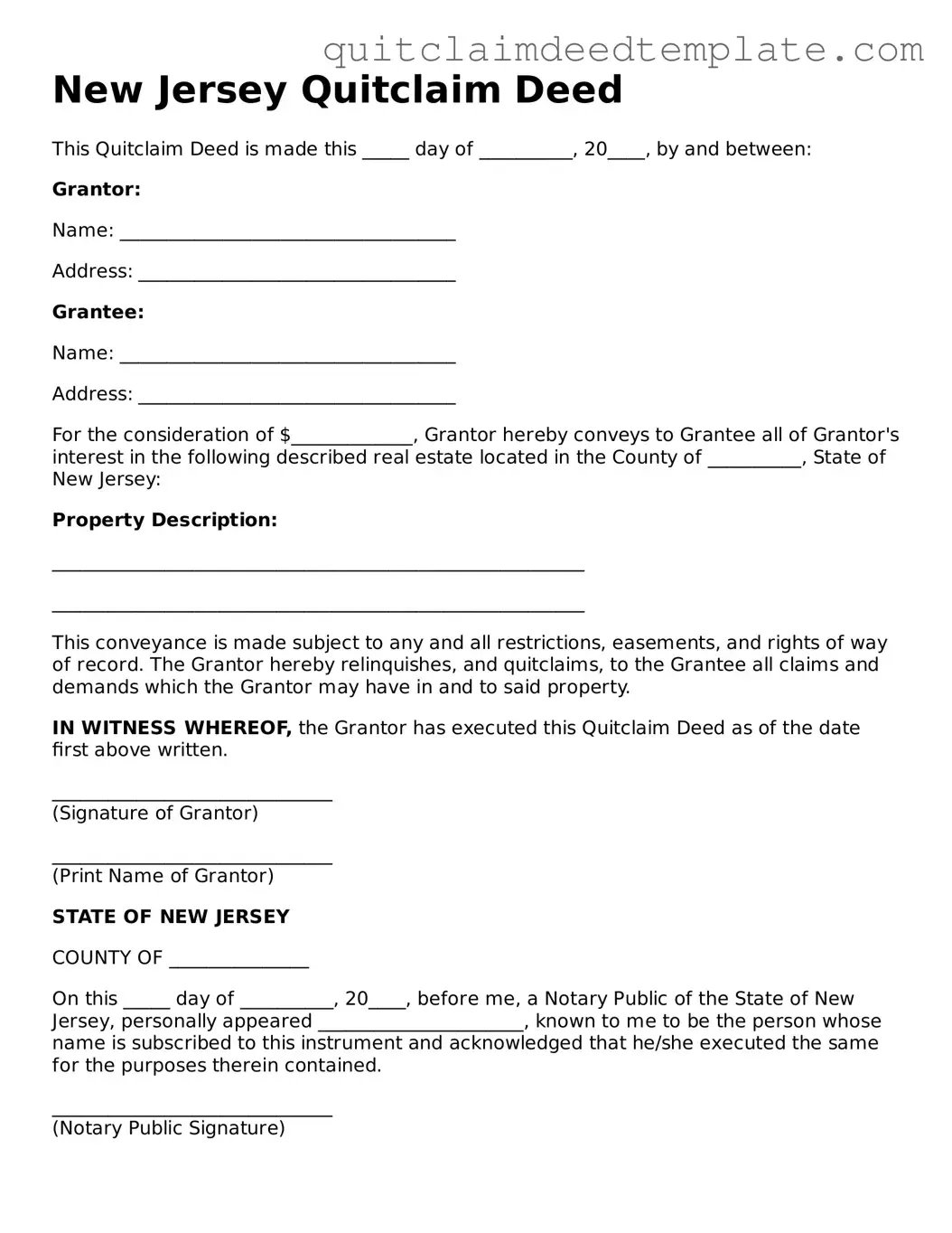 Official  Quitclaim Deed Template for New Jersey