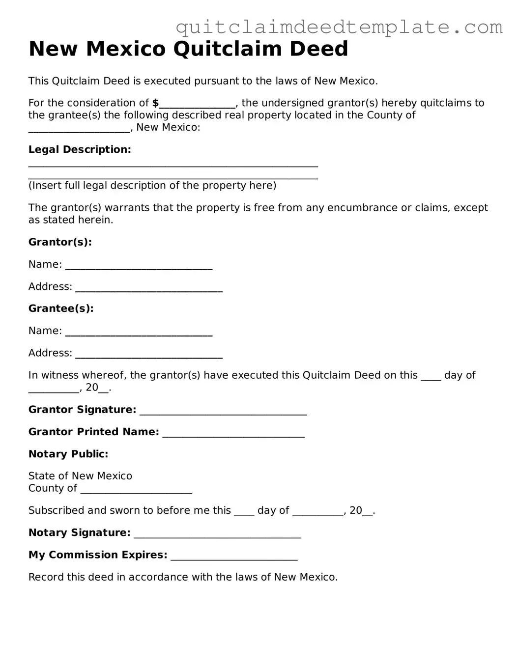 Official  Quitclaim Deed Template for New Mexico