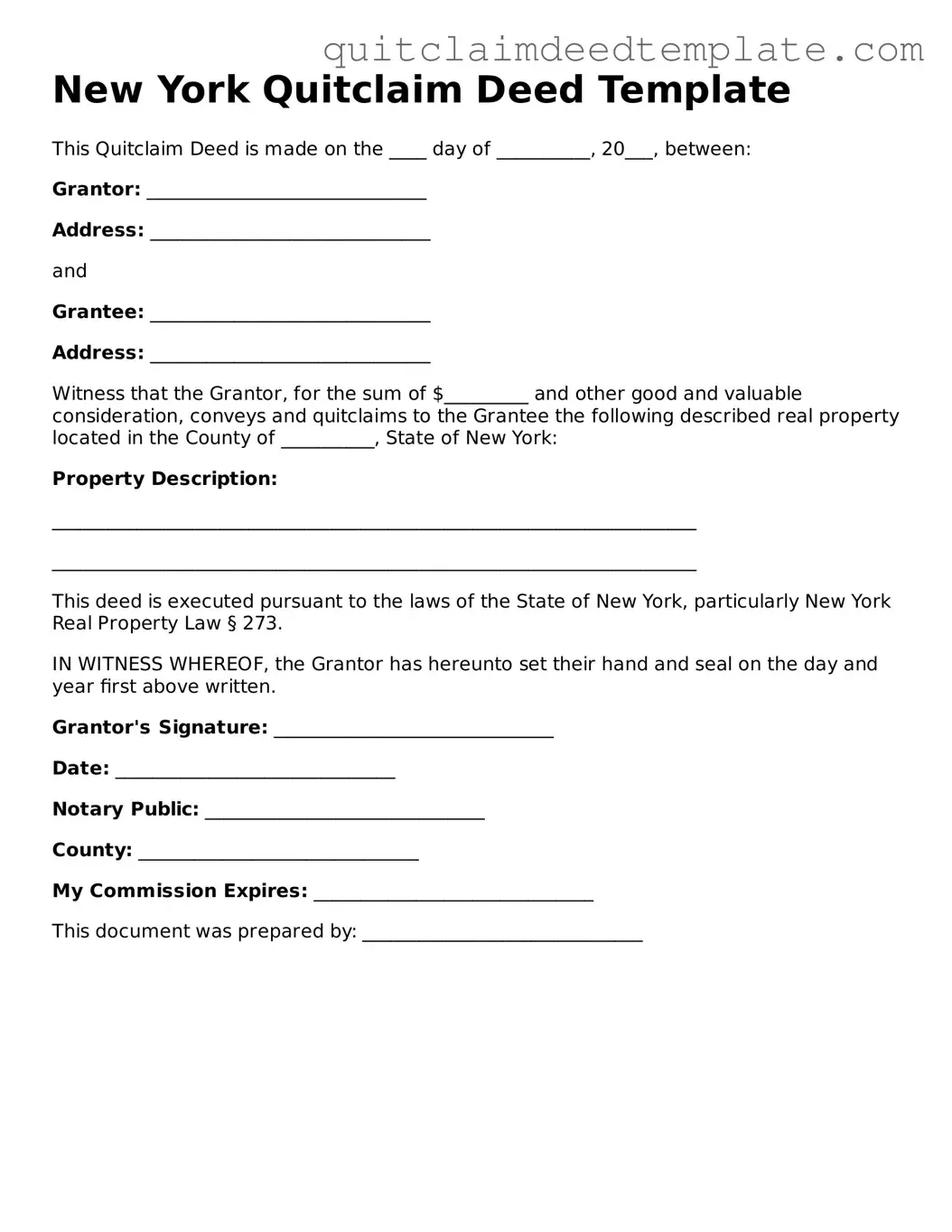 Official  Quitclaim Deed Template for New York
