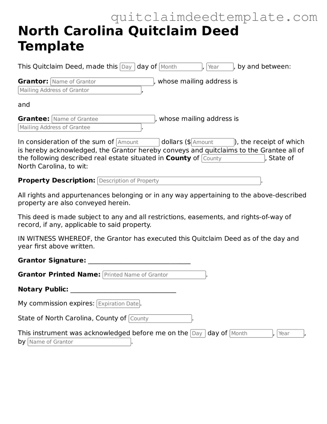 Official  Quitclaim Deed Template for North Carolina