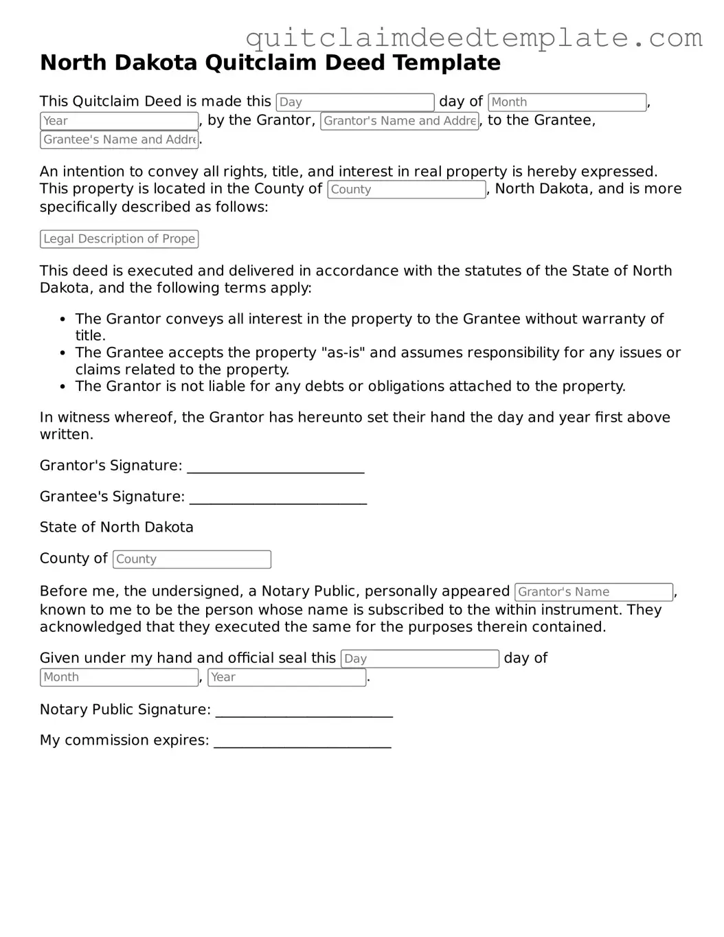 Official  Quitclaim Deed Template for North Dakota