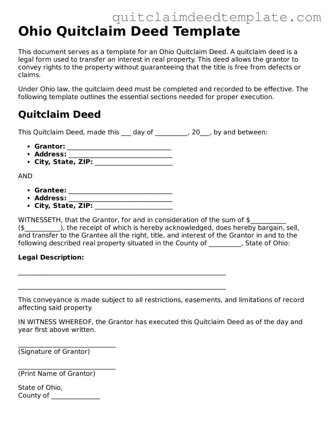 Official  Quitclaim Deed Template for Ohio