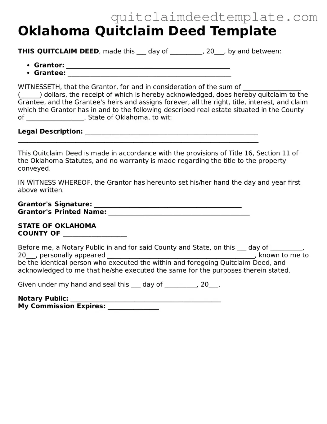 Official  Quitclaim Deed Template for Oklahoma