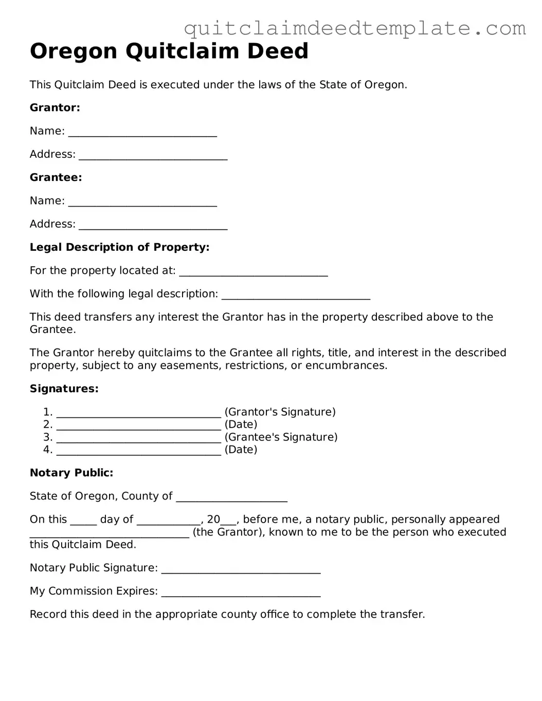 Official  Quitclaim Deed Template for Oregon