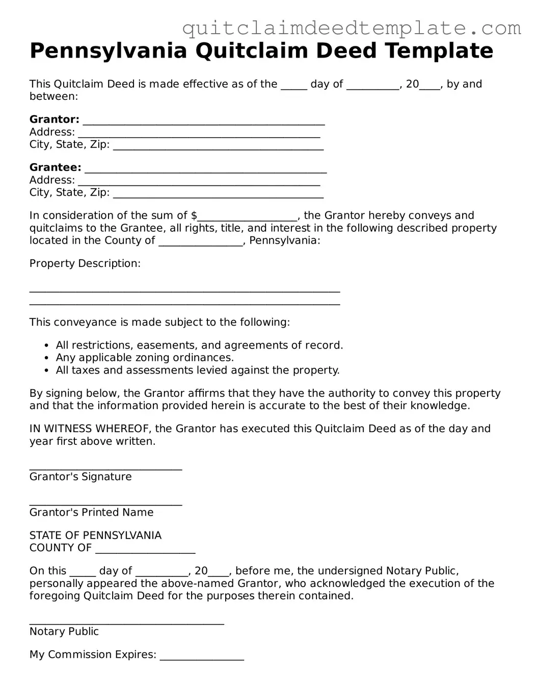 Official  Quitclaim Deed Template for Pennsylvania