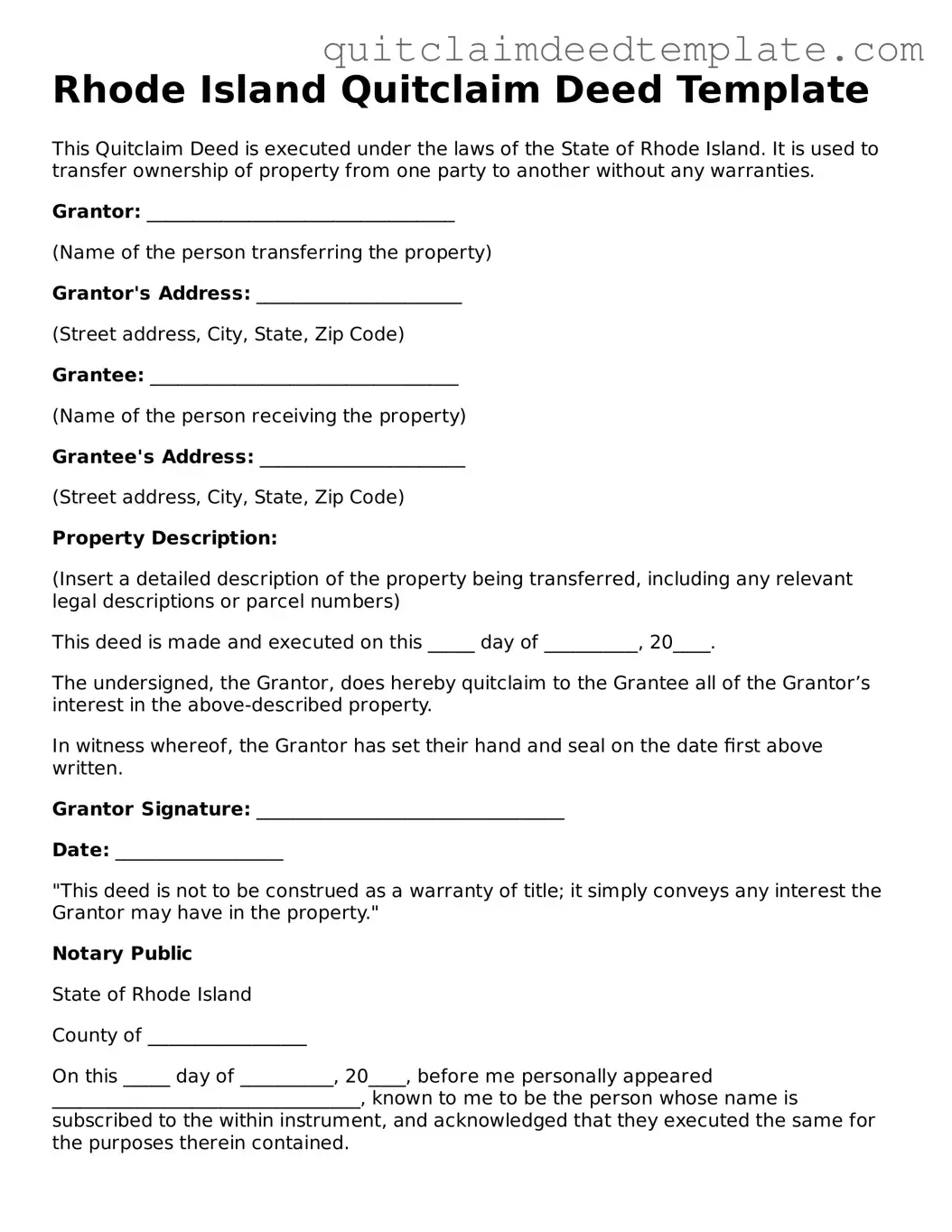 Official  Quitclaim Deed Template for Rhode Island