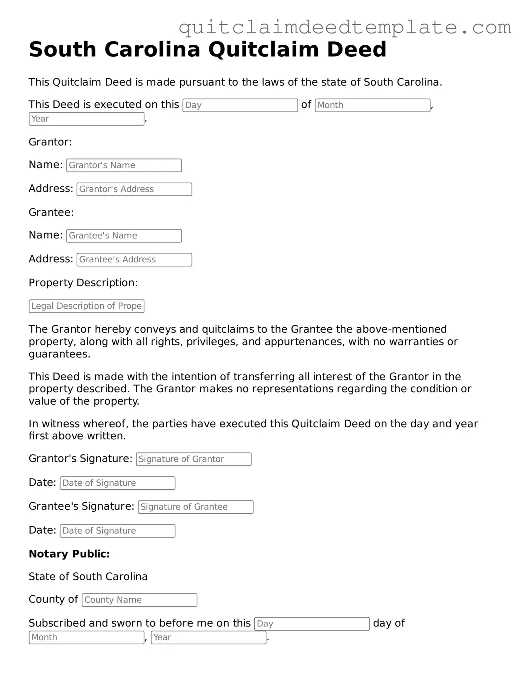 Official  Quitclaim Deed Template for South Carolina