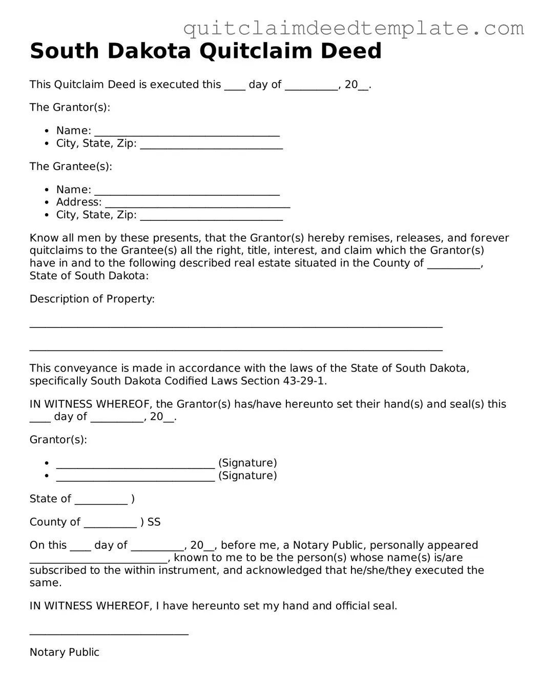 Official  Quitclaim Deed Template for South Dakota