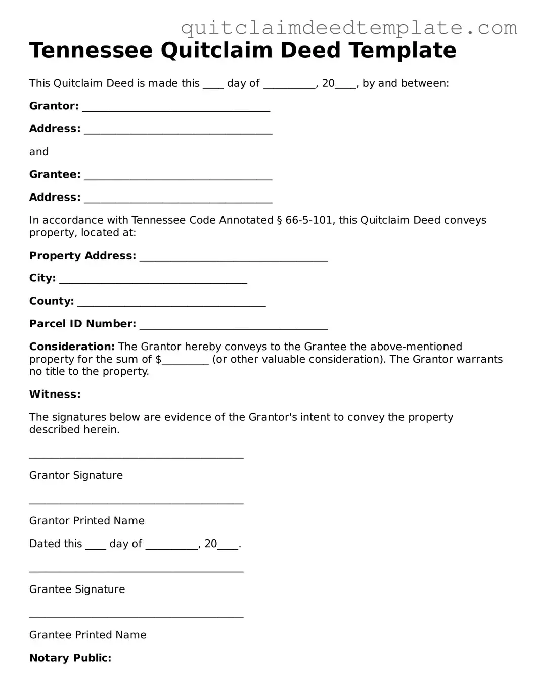 Official  Quitclaim Deed Template for Tennessee