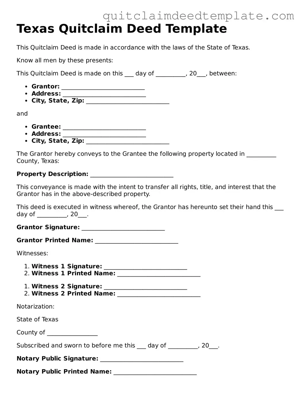 Official  Quitclaim Deed Template for Texas