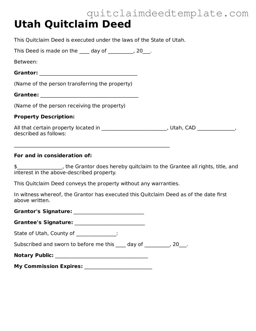 Official  Quitclaim Deed Template for Utah