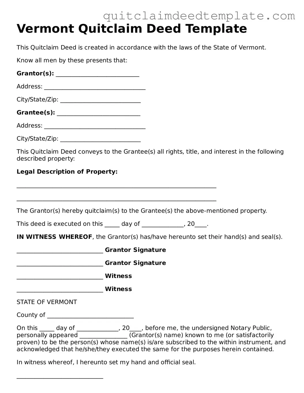 Official  Quitclaim Deed Template for Vermont