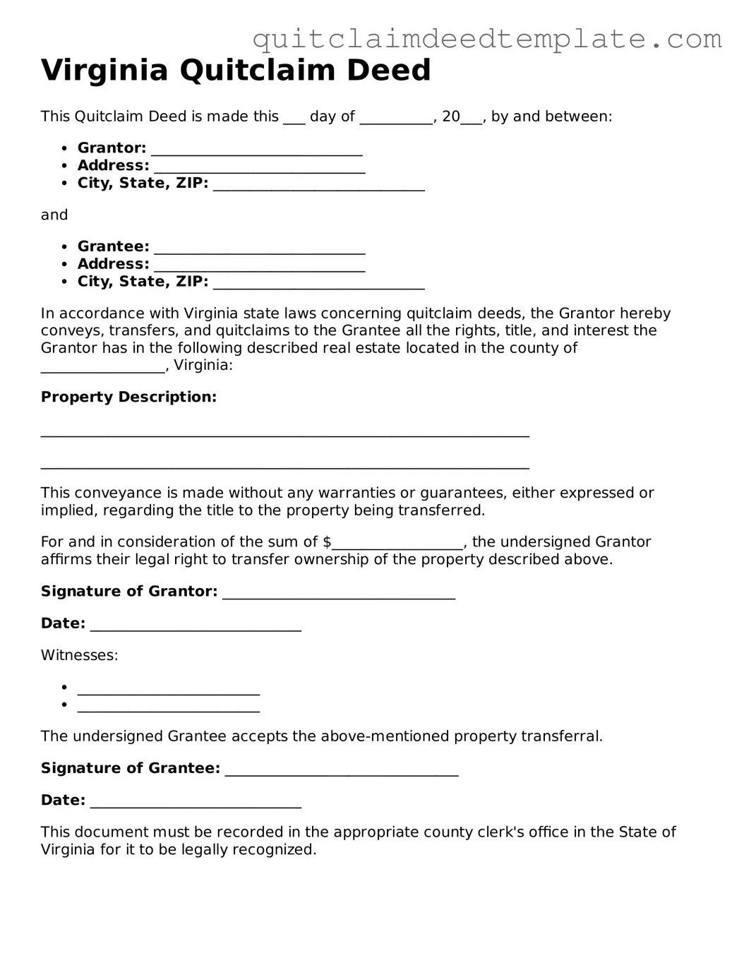 Official  Quitclaim Deed Template for Virginia