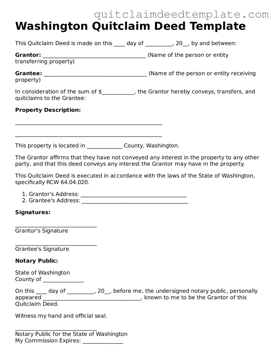 Official  Quitclaim Deed Template for Washington