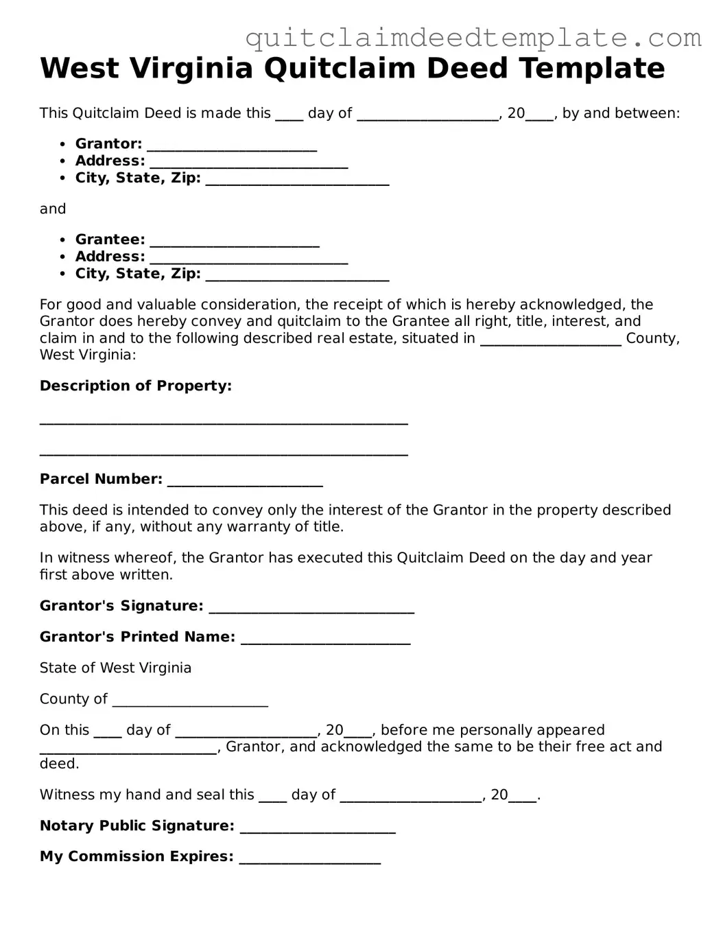 Official  Quitclaim Deed Template for West Virginia