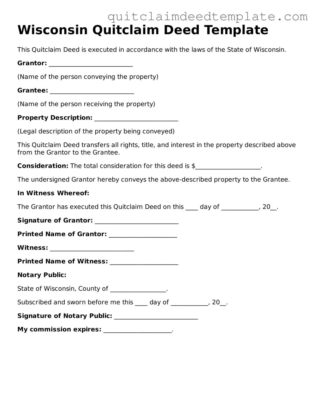Official  Quitclaim Deed Template for Wisconsin
